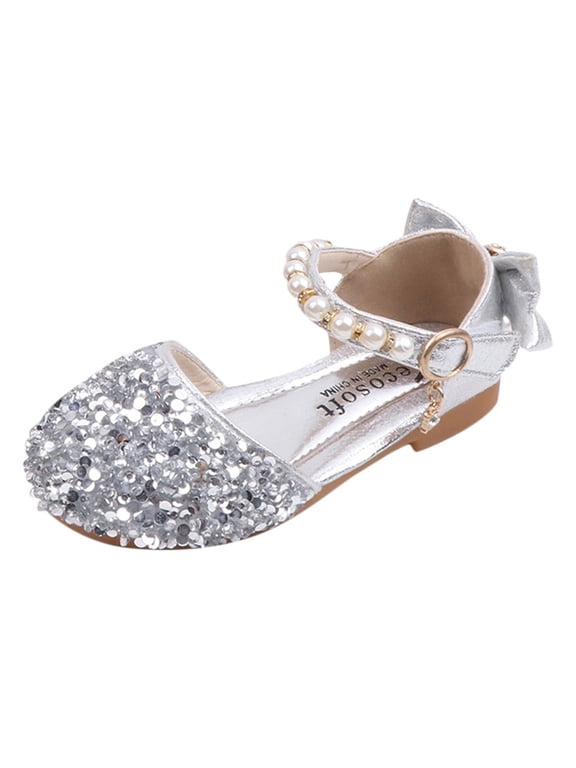 Kids Girls Dress Pumps Glitter Sequins Princess Low Heels Princess Dress Shoes Party Dance Shoes Rhinestone Sandals Silver 18-24 Months
