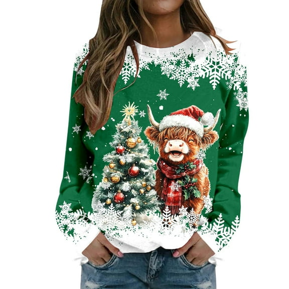 FYEGRE Ladies Casual Snowman Print Round Neck Long Sleeve Soft Lightweight Sweatshirt Top for Festive Holiday Wear and Everyday Comfort Green M
