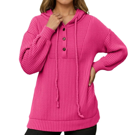 FYEGRE Ladies' Comfort Hooded Top Women Casual Long Sleeve Hooded Pullover Drawstring Button Front Hoodie Loose Fit Comfortable Winter Wear Hot Pink S