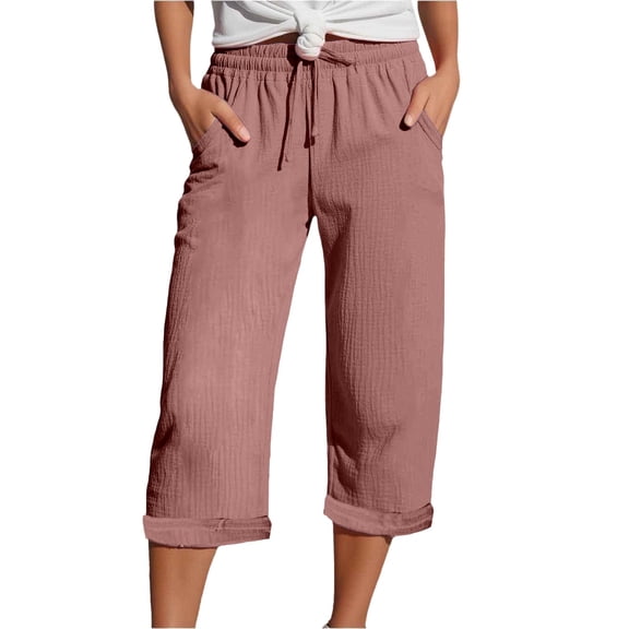 FYEGRE Ladies' Leisure Pants 2025 Summer Women Linen Capri Pants Loose Comfy Elastic Waist Wide Leg Cropped Beach Trousers For Casual Brick Red S
