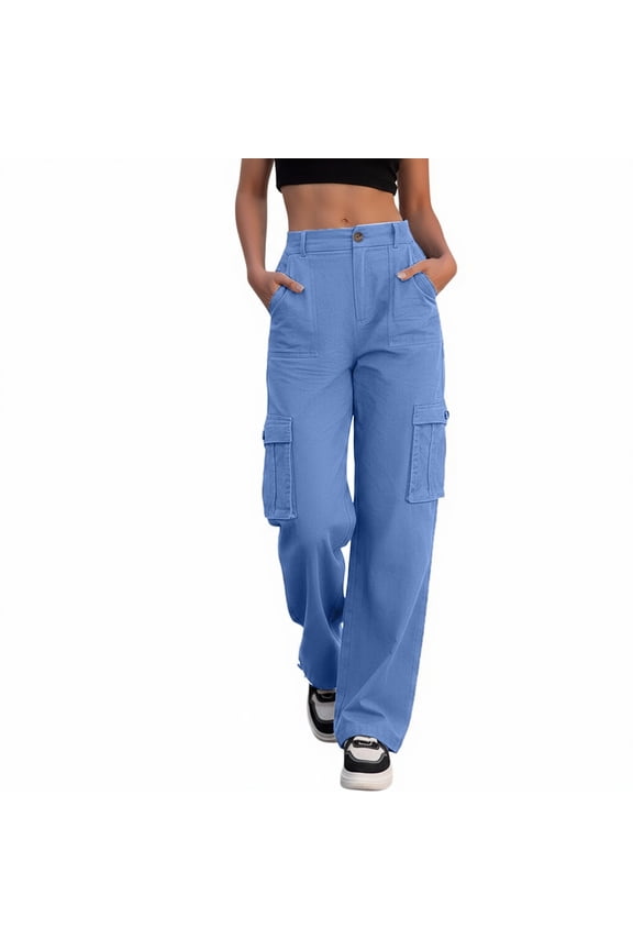 Ladies' Leisure Pants Elevated Comfort High Waist Wide Leg Cargo Pant for Women Straight Fit Loose Business Trousers Everyday Long Sky Blue XL