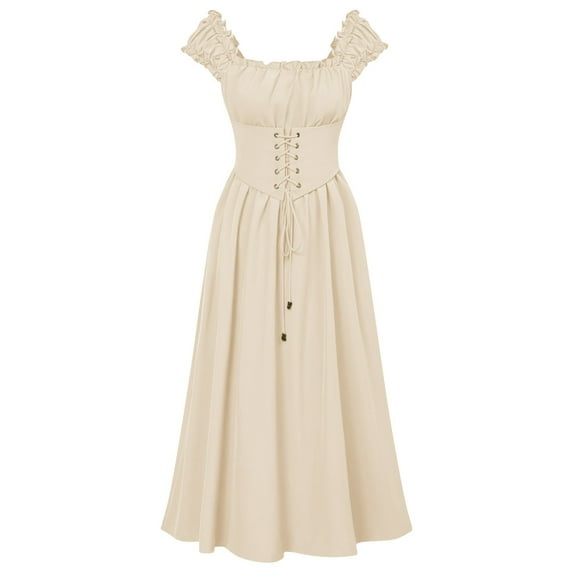 FYEGRE Ladies' Tight Corset Dress Cottage Dress with Pockets Seeveless Mid Length Summer for Elegant Events Beige L