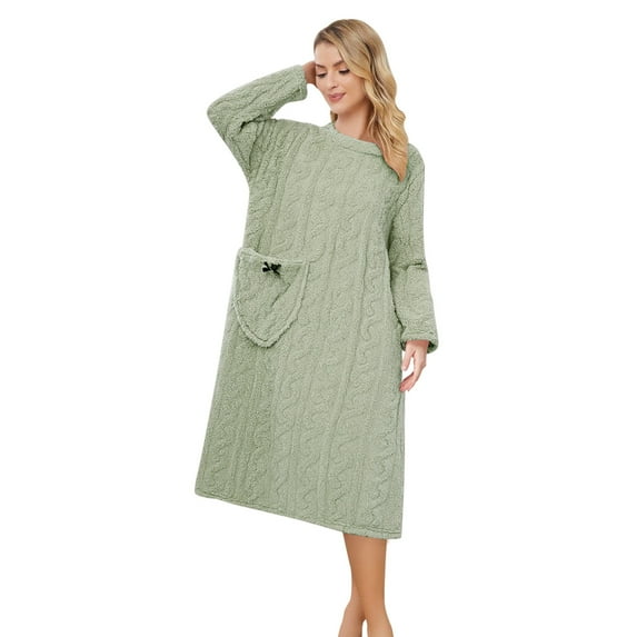 FYEGRE Long Solid Coral Bathrobe For Women Design Round Neck With Pockets Home Wear Comfort Warmth Green L