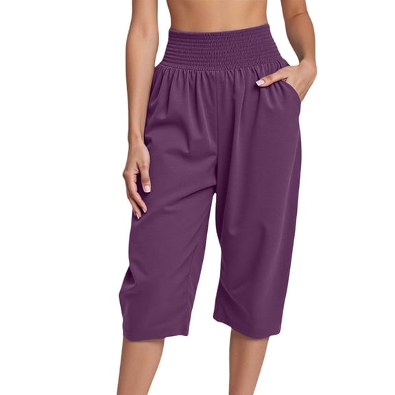FYEGRE Low Rise Women's Pants Women's Casual Capri Pants Soft Stretchy Fabric Everyday Comfort Trousers for Spring Purple L