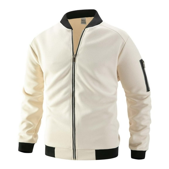 FYEGRE Men Winter Weave Cardigan Jacket Solid Color Design Front Pocket Zippered Closure Thickened Warm Stand Collar Outerwear For Daily Use Khaki S