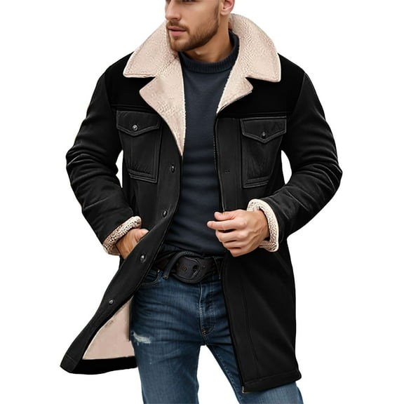 FYEGRE Men's Autumn Winter Suede Lined Casual Jacket Warm Soft Solid Color Outerwear Coat For Daily Comfort Black XXXL