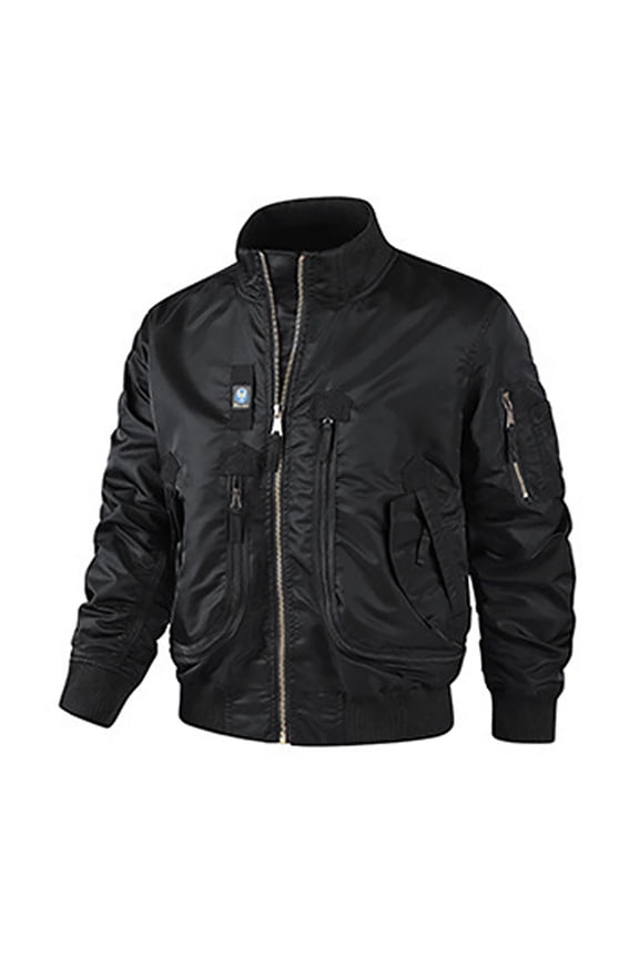 Men's Baseball Collar Layered Jacket Stand Up Outerwear For Street Style Comfortable Lightweight Windbreaker Design Black S