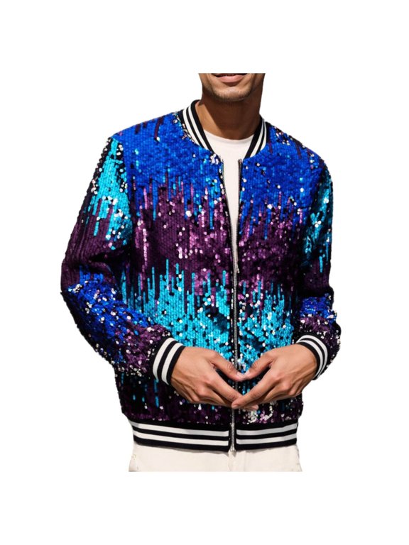 Men's Carnival Glitter Casual Jacket Mixed Stripe Color Block Design Featured Foreign Trade Outerwear Blue L