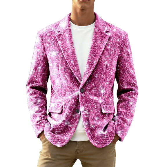 FYEGRE Men's Carnival Glitter Sequin Corduroy Jacket Mens Sequin Blazer Tuxedo Party Prom Wedding Tuxedo One Button Jacket Light Pink XXXL