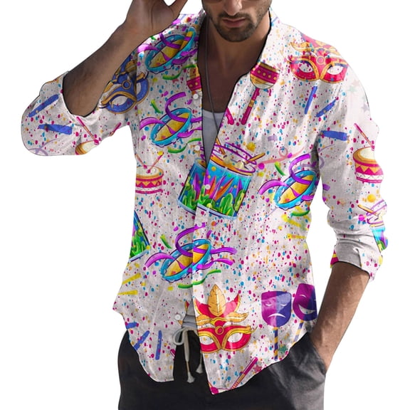FYEGRE Men's Carnival Shirts Men's Carnival Fashion Printed Shirt Stylish Casual Button Down Top for Outfits Pink S
