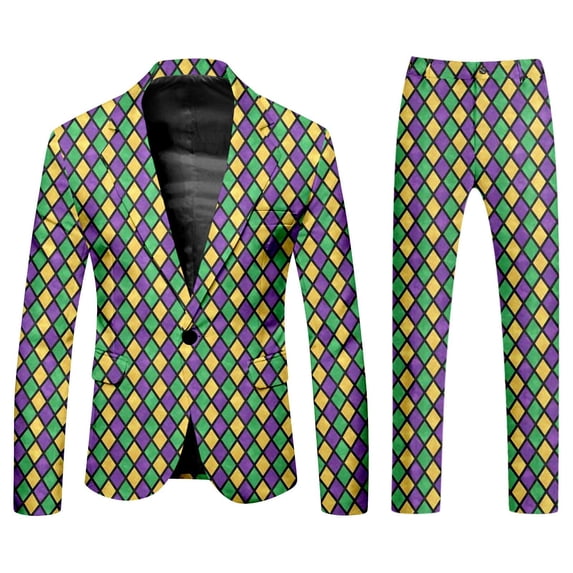 FYEGRE Men's Carnival Suit Two Piece Set Formal Attire With Purple Gold All Over Print Design Green XXXL