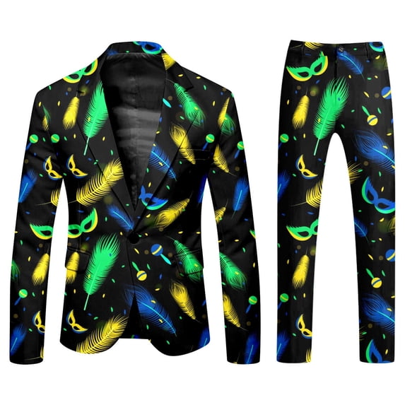 FYEGRE Men's Carnival Suit Two Piece Set Formal Attire With Purple Gold All Over Print Design Green XXXL