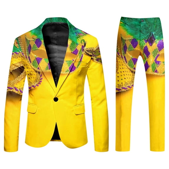 FYEGRE Men's Carnival Suit Two Piece Set Formal Attire With Purple Gold All Over Print Design Yellow XXL