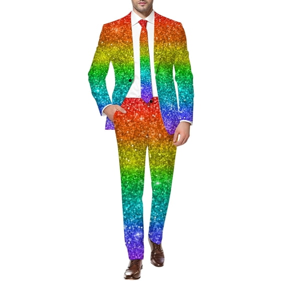 FYEGRE Men's Carnival Suits Mens Carnival 3D Digital Printed Lightweight Business Suit Set Contemporary Formal Jacket and Trousers Ensemble Gold S
