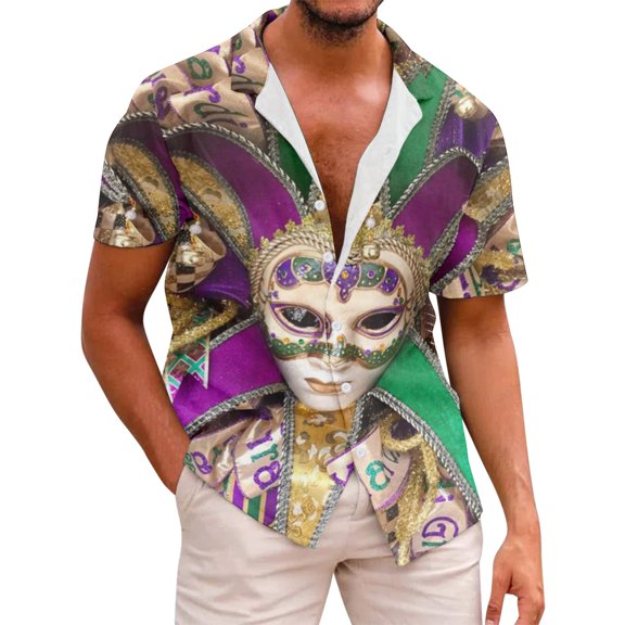 FYEGRE Men's Carnival T Shirts Mardi Men's Casual Printed Short Sleeve Button Down Shirt with Lapel Collar Purple XL