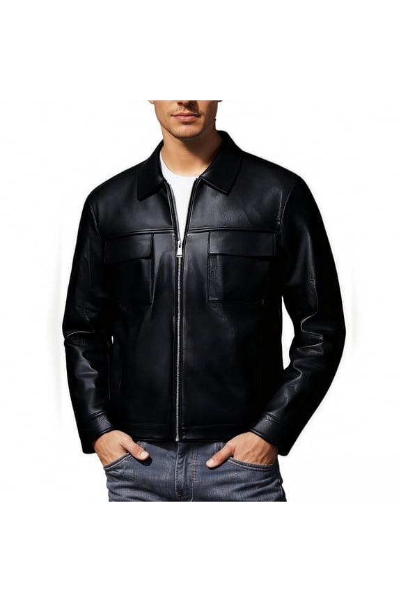 Men's Casual Leather Jacket Featuring Double Pockets Timeless Outerwear Design For Daily Use With Comfortable All Season Fit And Durable Versatile Style Black M