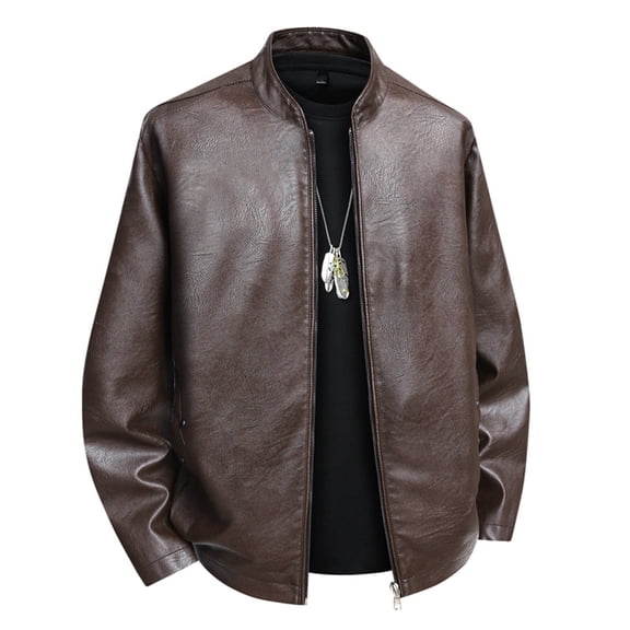 FYEGRE Men's Casual Leather Jacket Modern Stand Collar Lightweight Motorcycle Outerwear Short Style Soft Comfortable Fit For Daily Wear Coffee XXL