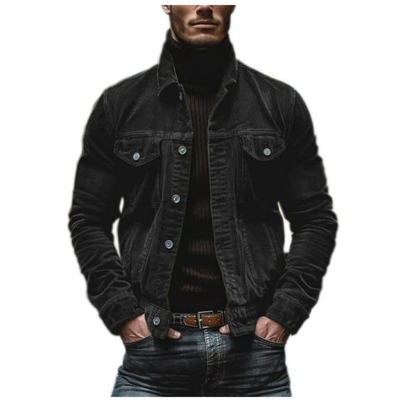 FYEGRE Men's Corduroy Casual Jacket with Multiple Pockets Striped Lapel Design Long Sleeve Outerwear for Daily Street Style Black XXXL