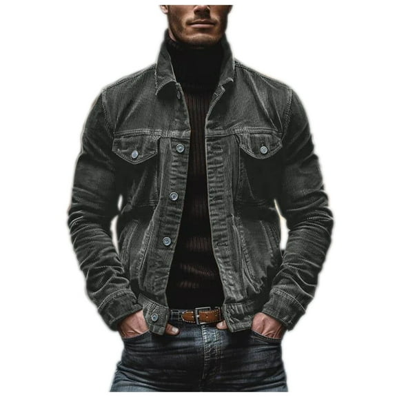 FYEGRE Men's Corduroy Casual Jacket with Multiple Pockets Striped Lapel Design Long Sleeve Outerwear for Daily Street Style Grey S