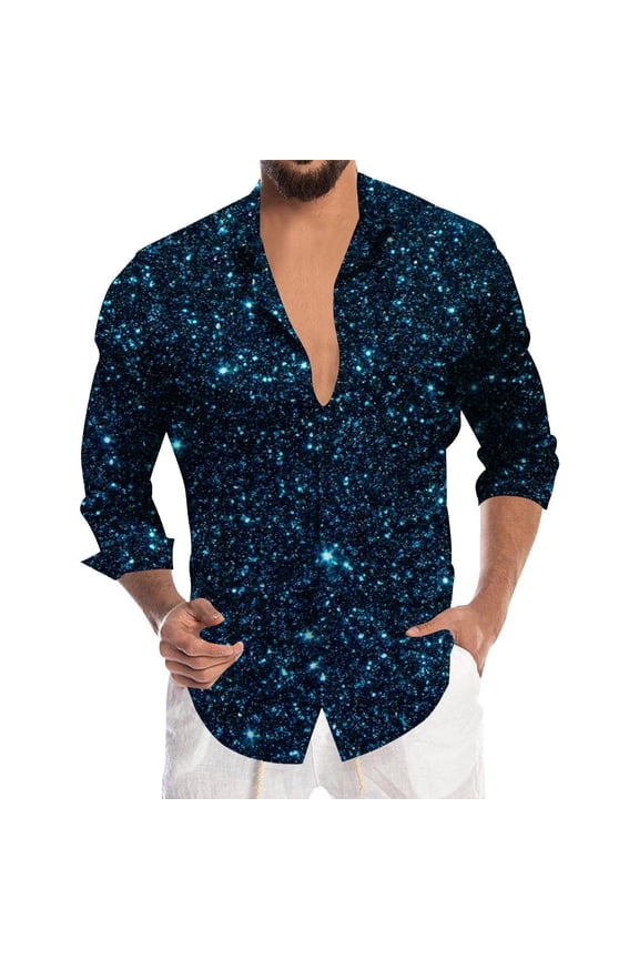 Men's Fashion Shiny Printed Lapel Button Up Long Sleeve Party Shirt for Festive Celebrations and Carnival Sequins Satin Shiny Metallic Long Sleeve Button Down Shirts Blue XXL