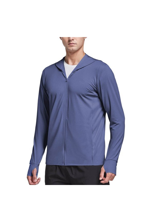 Men's Lightweight Hooded Outdoor Jacket for Wear and Daily Use with UPF Sun Full Zip Long Sleeve Performance Apparel Blue M