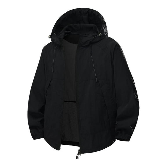 FYEGRE Men's Lightweight Summer Casual Hooded Windbreaker Jacket Loose Fit Zip Up Outdoor Hiking Comfortable Breathable Sun Black XL