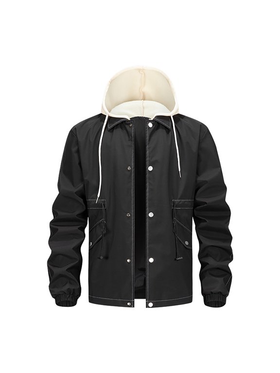 Men's Lightweight Windbreaker Hooded Jacket With Front Pockets Solid Color Contrast Panel Design For Outdoor Daily Wear Comfortable Fit Autumn Casual Coat Black XS