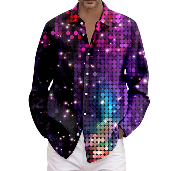 FYEGRE Men's Long Sleeve Sequin Dress Glitter Shirt 70s Disco Party 70s Outfit Men, New Year's Eve Outfit Men Black XL