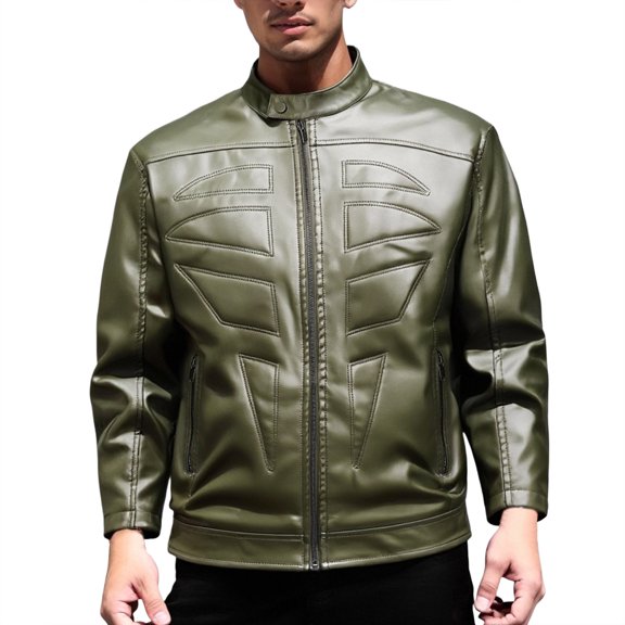 FYEGRE Men's PU Leather Jacket Stand Collar Windbreaker Zip Front Slim Fit Outerwear For Daily Casual Wear Green XXXL
