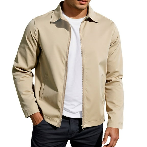FYEGRE Men's Solid Color Notch Lapel Lightweight Casual Jacket for Outdoor Autumn Wear Comfortable and Stylish Coat Khaki M