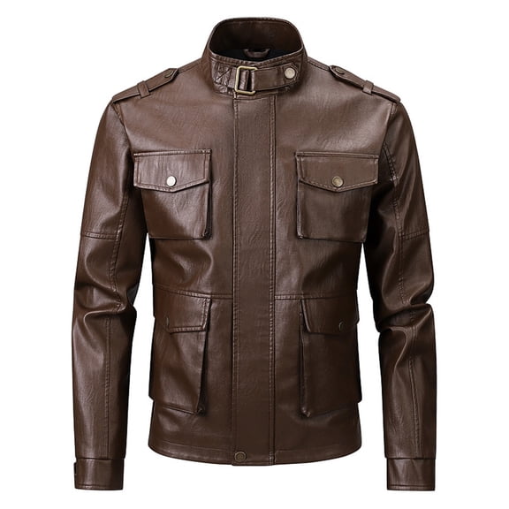 FYEGRE Men's Stand Collar Leather Casual Jacket Lightweight Outerwear Comfortable Stylish Versatile Everyday Wear Modern Design Coffee L