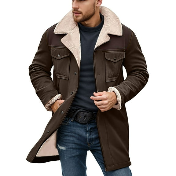 FYEGRE Men's Suede Casual Jacket for Autumn Winter Season Lined Warm Outerwear Overcoat Coffee XXXL