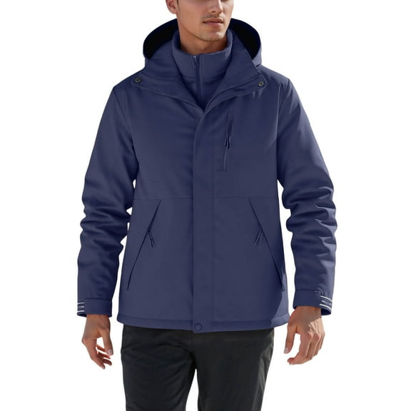FYEGRE Men's Windproof Thermal Jacket with Detachable Hood Lined Coat for Outdoor Hiking Camping and Casual Everyday Wear Blue M