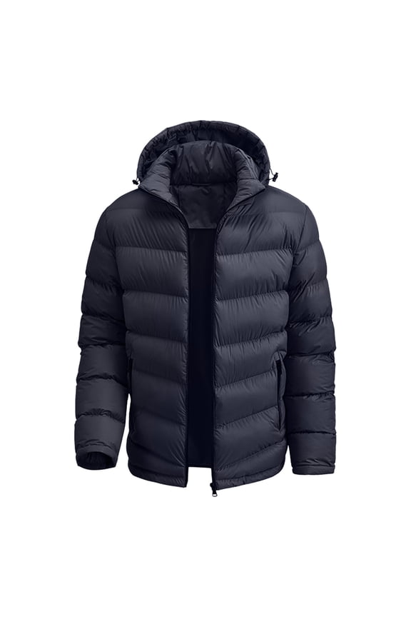 Men's Winter Casual Hooded Padded Jacket Warm Stand Collar Outerwear Coat For Daily Streetwear Comfort Fit Lightweight Insulated Layer Dark Blue L