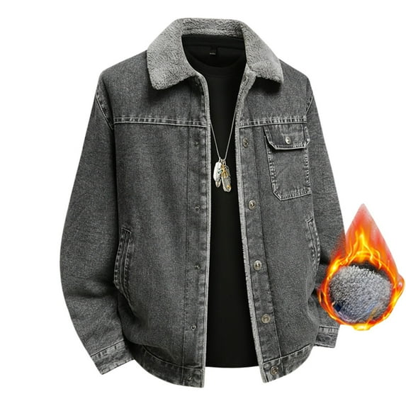 FYEGRE Men's Winter Lined Denim Jacket Heavy Duty Warm Coat Casual Loose Fit Stand Collar Daily Outwear For Big Tall Comfort Grey XXXXXL