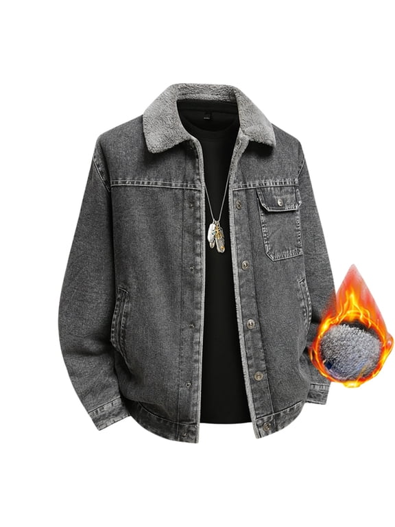 Men's Winter Lined Denim Jacket Heavy Duty Warm Coat Casual Loose Fit Stand Collar Daily Outwear For Big Tall Comfort Grey XXXXXL