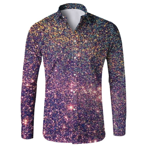 FYEGRE Mens Carnival Shirts Carnival Men's Fashion Shiny Printed Lapel Button Up Long Sleeve Party Shirt for Celebrations Light Purple XXL