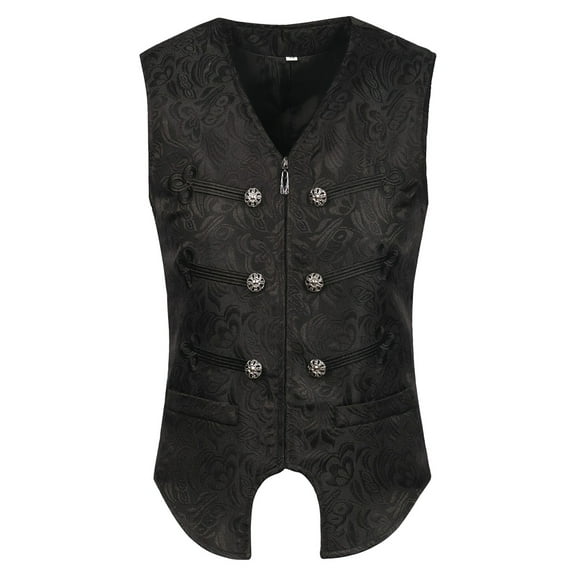 FYEGRE Mens Gothic Court Style Vest Elegant Brocade Jacquard Tailcoat For Themed Events And Festivals Slim Fit Double Design Black XL