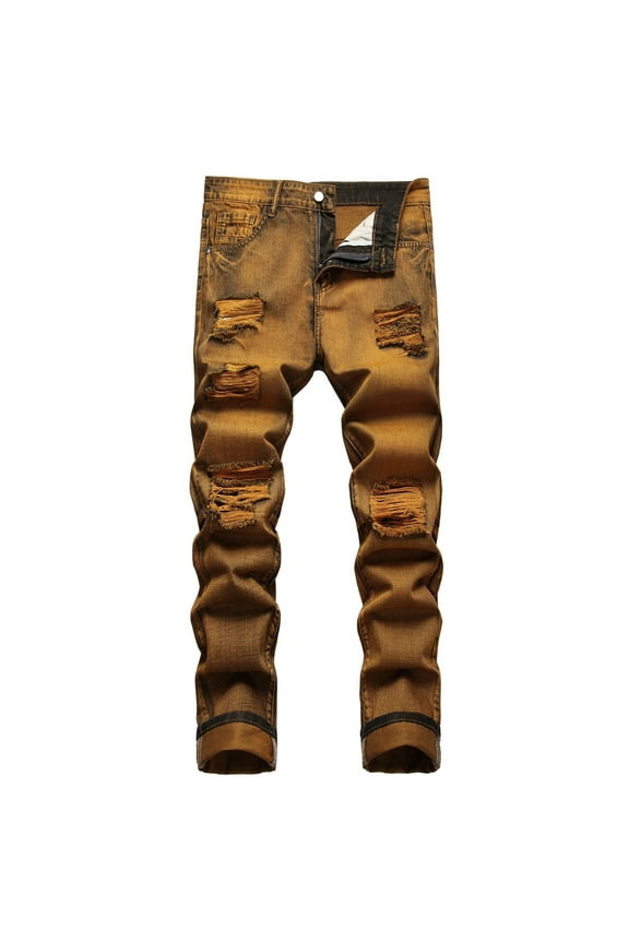 Mens Relaxed Straight Jeans Men's Minimalist Washed Denim Jeans with Cat Whisker Brushed Texture Comfortable Slim Fit Trousers for Everyday Casual Wear Bronze XXXXL