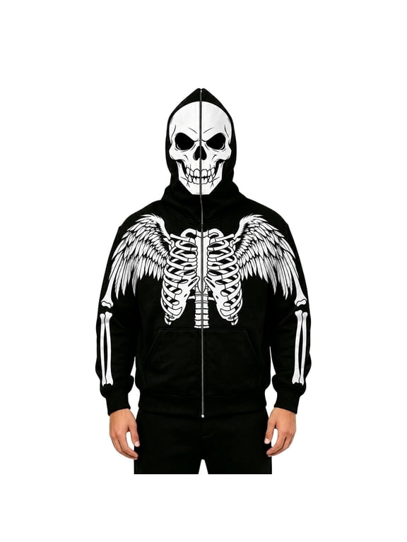 Mens Skeleton Graphic Zip Hood Jacket, Full Zip Hooded Sweatshirt for Halloween Festival Events Comfortable Fit Loose Outdoor Casual Streetwear For Fall Winter Black L