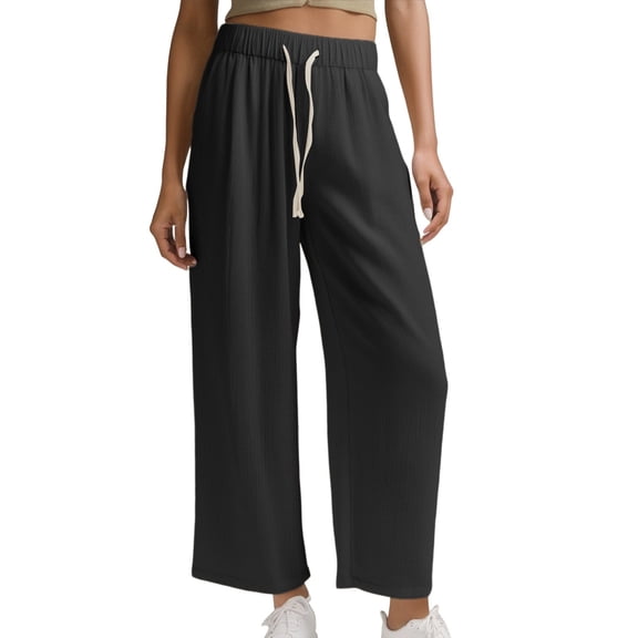 FYEGRE Mid Rise Ladies' Pants Women's Straight Leg Casual Trousers with Elastic Drawstring Waist for Comfortable Outdoor Travel Jogging Hiking Soft Black M
