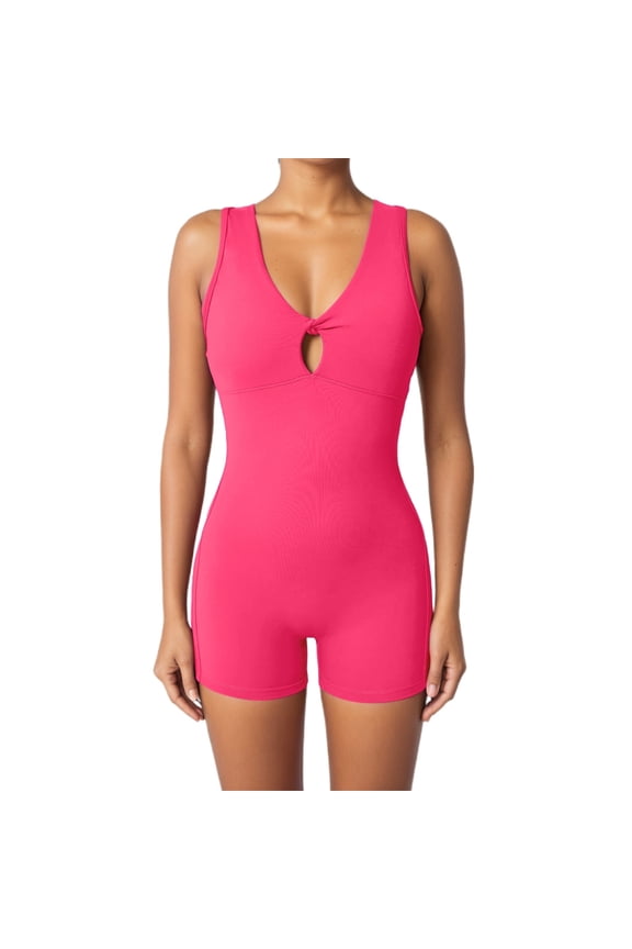 One-piece V Neck Workout Jumpsuit for Women Gym Backless Yoga Catsuit Bodysuit Butt Lift Cutout Sport Athletic Rompers Hot Pink L
