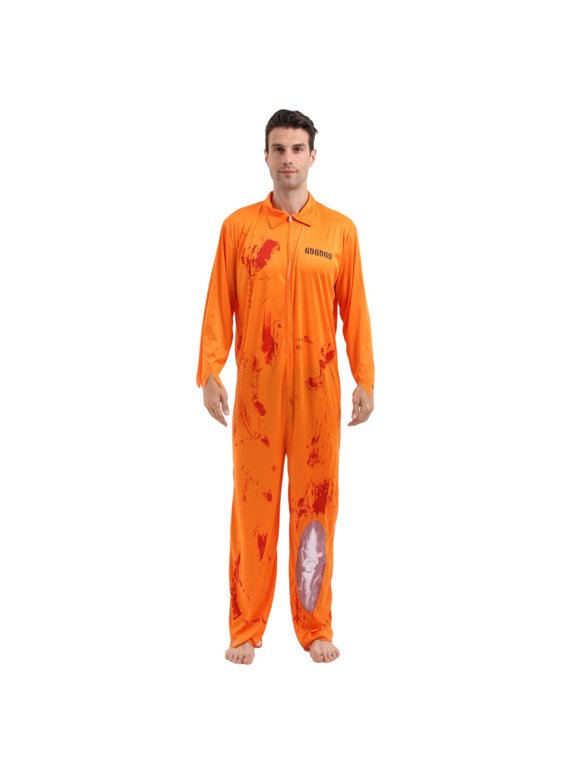 Orange Prison Jumpsuit for Adult Halloween Splattered Prisoner Jumpsuit Performance Outfit for Themed Parties Stage Shows A XL