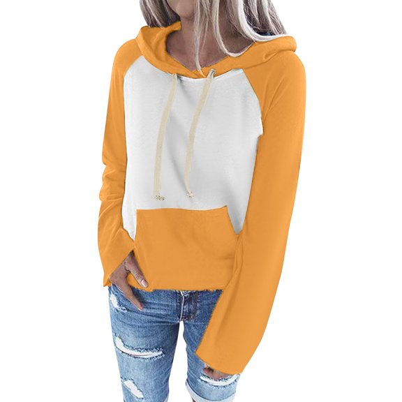 FYEGRE Party Women's Hoodie Women Casual Color Block Long Sleeve Drawstring Hooded Pullover Sweatshirt Lightweight Top With Pocket Yellow XXL