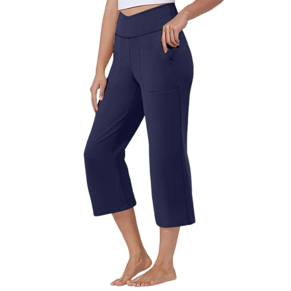 FYEGRE Plaid Ladies' Pants Women's High Waist Cropped Casual Pants for Daily Wear Yoga Comfort and Summer Style with Soft Stretch Fabric Ideal Navy L