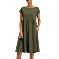 thumbnail image 1 of FYEGRE Plus Size Linen Dress for Women Solid Color Crew Neck A-Line Skirt Women Summer Short Sleeve Midi Dress Casual Tshirt Dress Vocation Beach Sundress Army Green M, 1 of 5