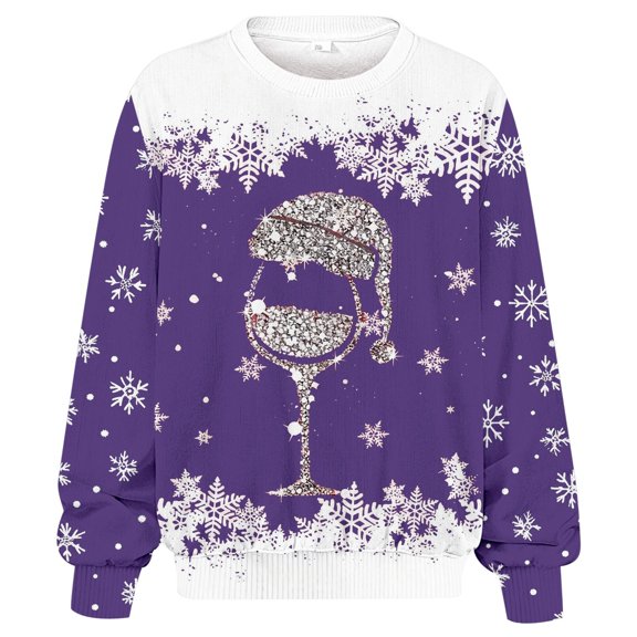 FYEGRE Plus Size Winter Ribbed Crewneck Sweatshirt Long Sleeve Letter Print Casual Pullover Soft Warm Ladies Fashion Comfort Fit Purple S