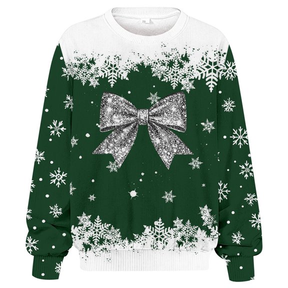 FYEGRE Plus Size Winter Ribbed Full Print Long Sleeve Letter Graphic Crewneck Sweatshirt Soft Casual Pullover Top For Everyday Comfort And Outfits Dark Green M