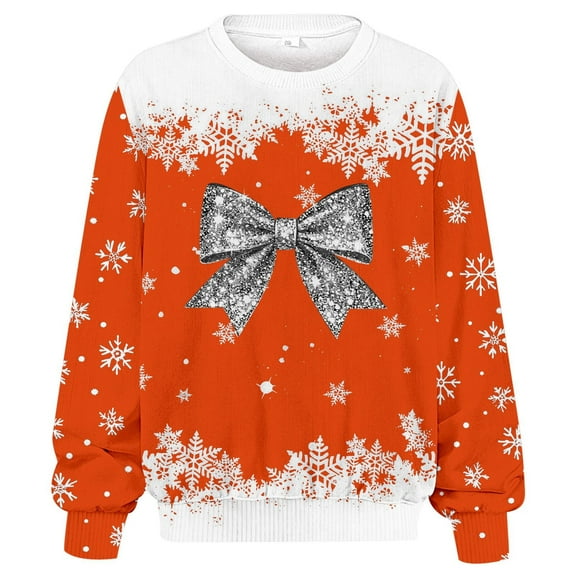 FYEGRE Plus Size Winter Ribbed Full Print Long Sleeve Letter Graphic Crewneck Sweatshirt Soft Casual Pullover Top For Everyday Comfort And Outfits Orange XXL