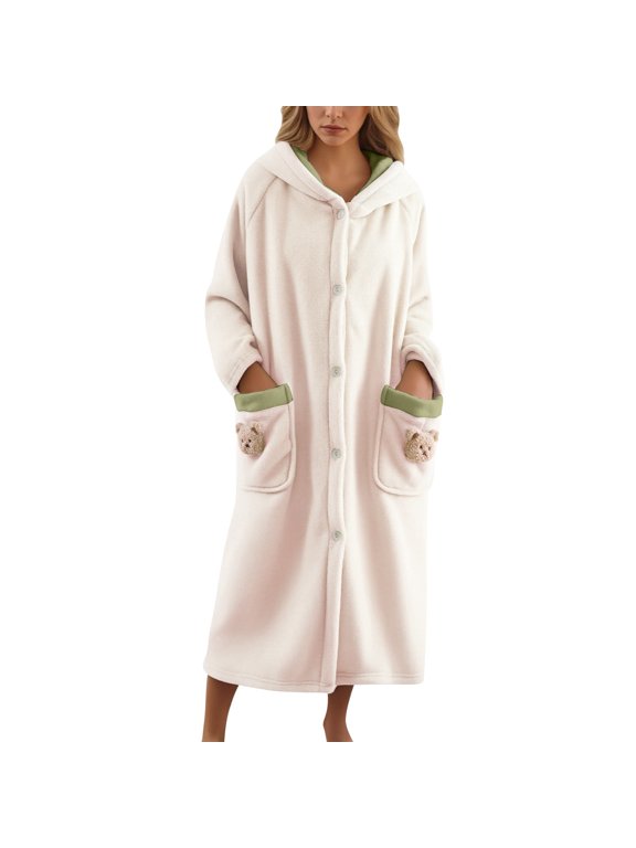 Robes for Women - Super Soft Cozy Womens Robe Plush Long Bathrobe Women's Flannel Hooded Bathrobe Cozy Loungewear with Bear Print Long Shawl Collar Beige L